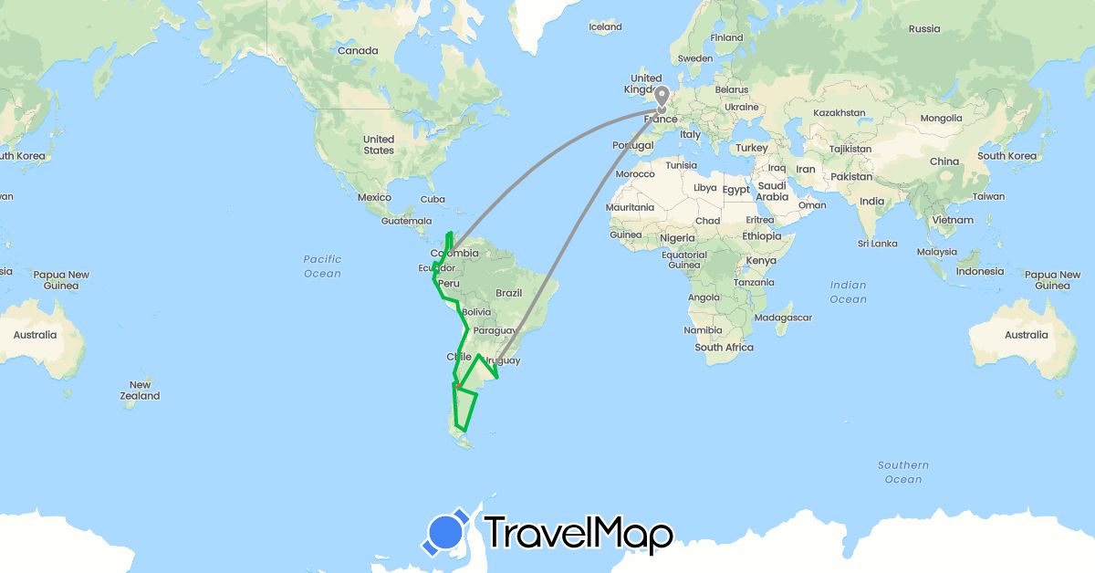 TravelMap itinerary: driving, bus, plane, hiking in Argentina, Chile, Colombia, Ecuador, France, Peru (Europe, South America)